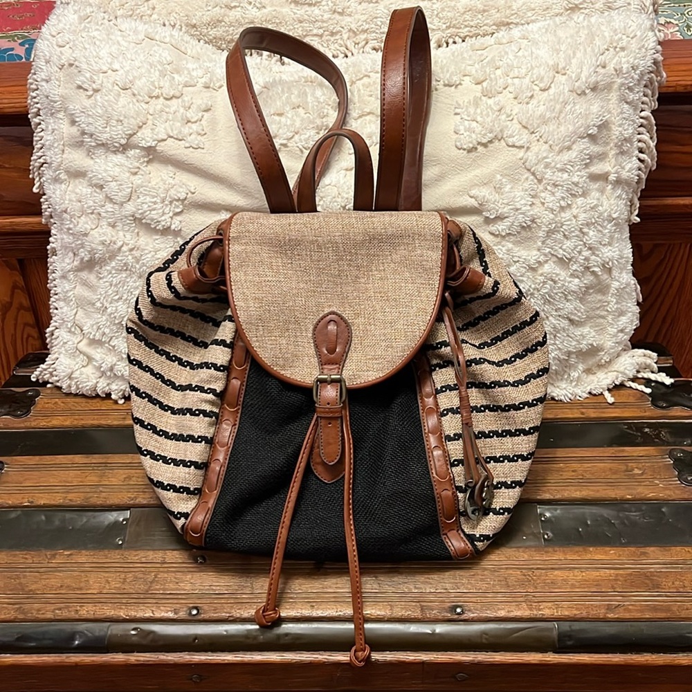 Lucky Brand Black and Brown Canvas Woven Stripe Backpack